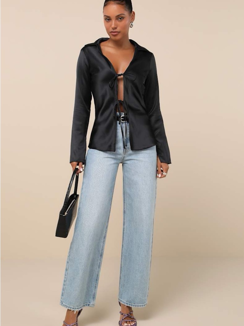 Lulus Coveted Aesthetic Black Tie-Front Long Sleeve Collared Top Medium - Picture 3 of 11